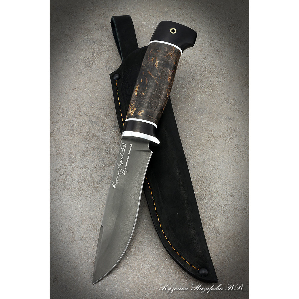 Hunting knife Monitor Lizard wootz steel black hornbeam stabilized Karelian birch (brown)(inscription)