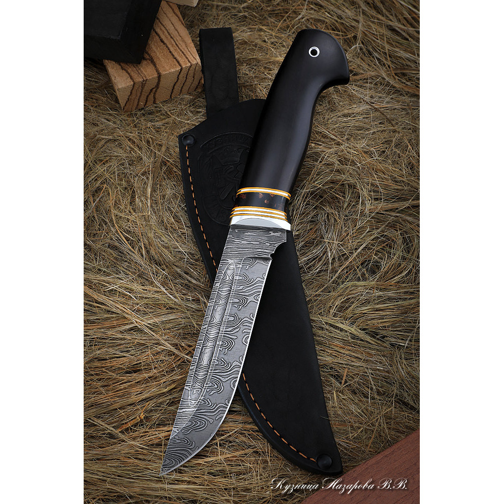 Knife Fighter Damascus Wavy black hornbeam acrylic