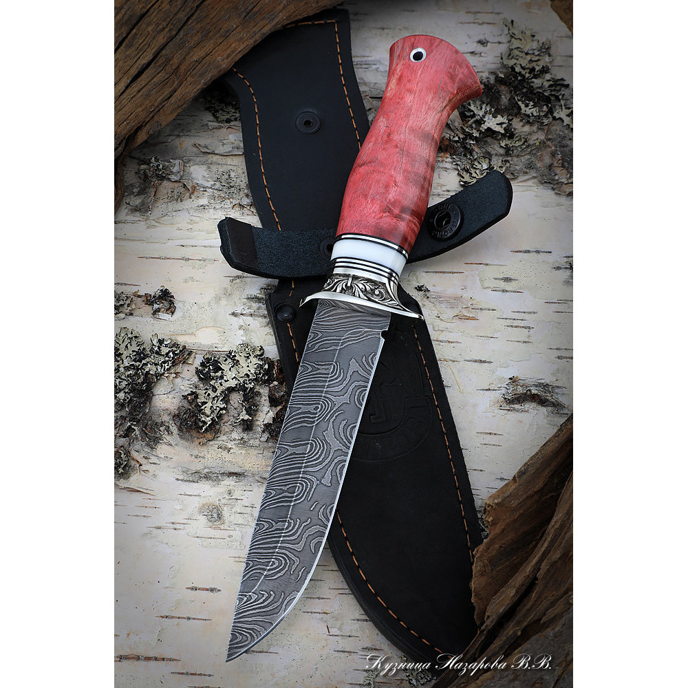 Knife Infantryman Damascus wavy nickel silver Karelian birch red acrylic