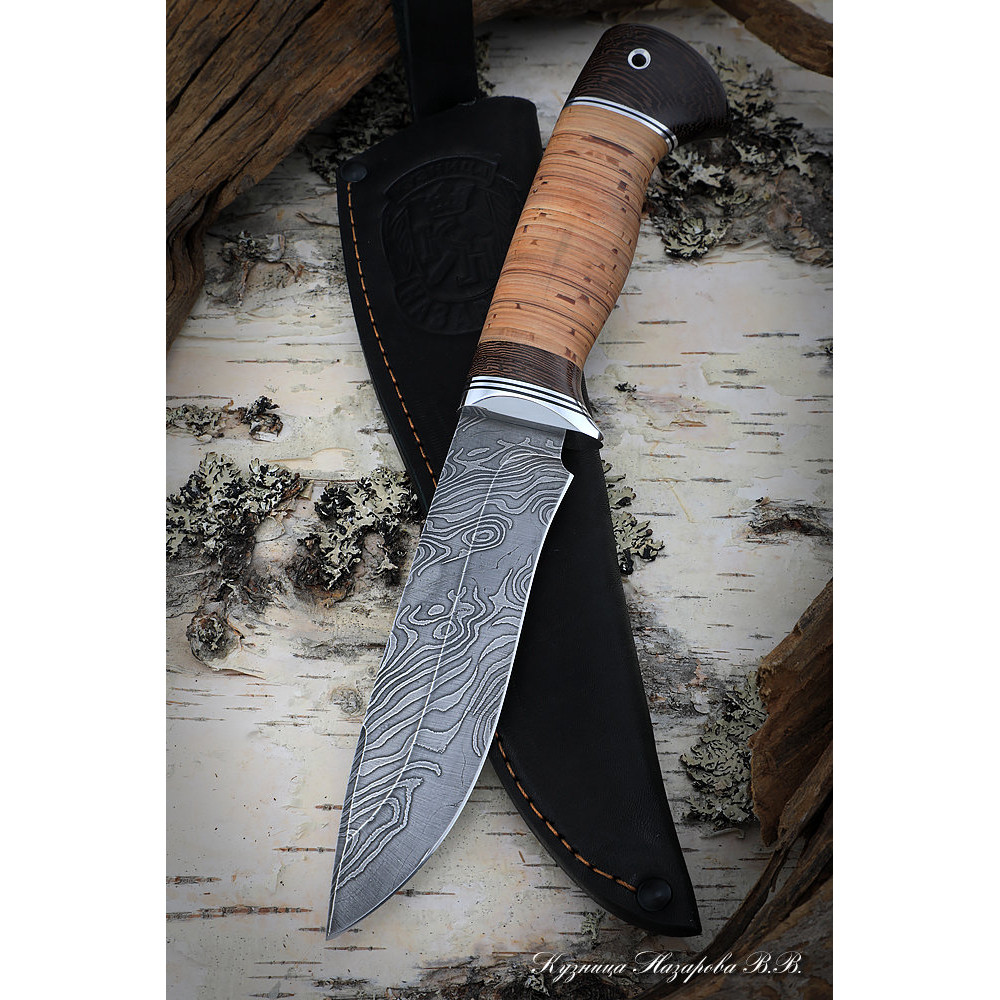 Knife Monitor Lizard Damascus wavy birch bark